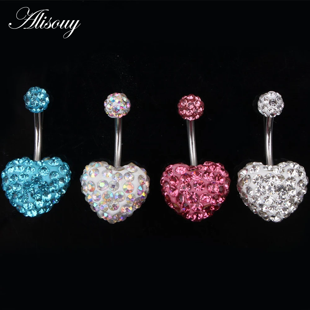 Heart Double Side Belly Piercing Rings Surgical Steel Crystal Disco Ball Belly Button Ring Navel Piercing Body Jewelry