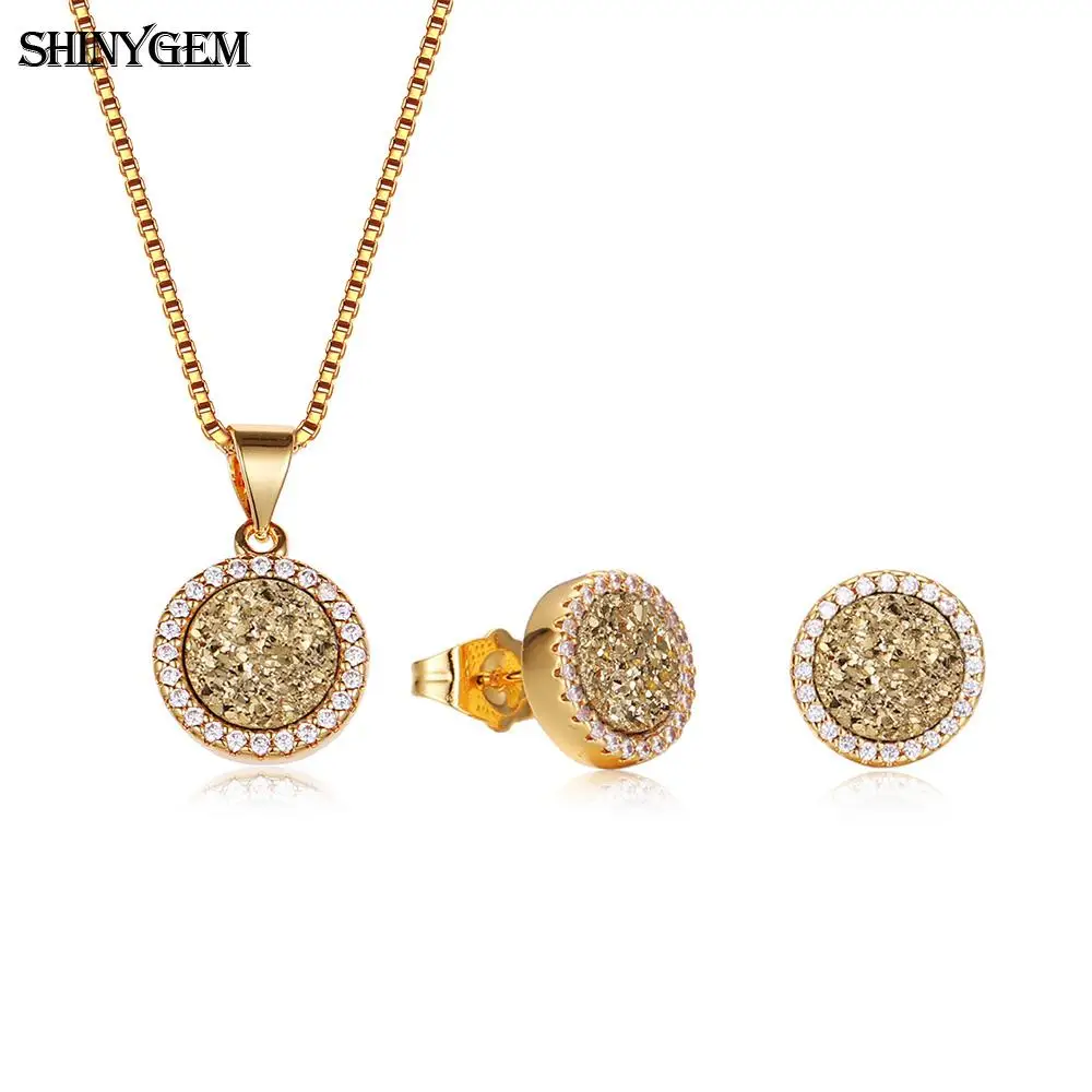 

ShinyGem Bright Natural Crystal Gem Stone Jewelry Set Gold Round Glittering Druzy Earrings Necklace Party Jewelry Sets For Women