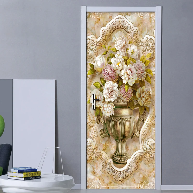 DIY Door Sticker European Marble Pattern Vase Living Room Bedroom Door Decoration Art Mural PVC Waterproof Door Wallpaper Fresco