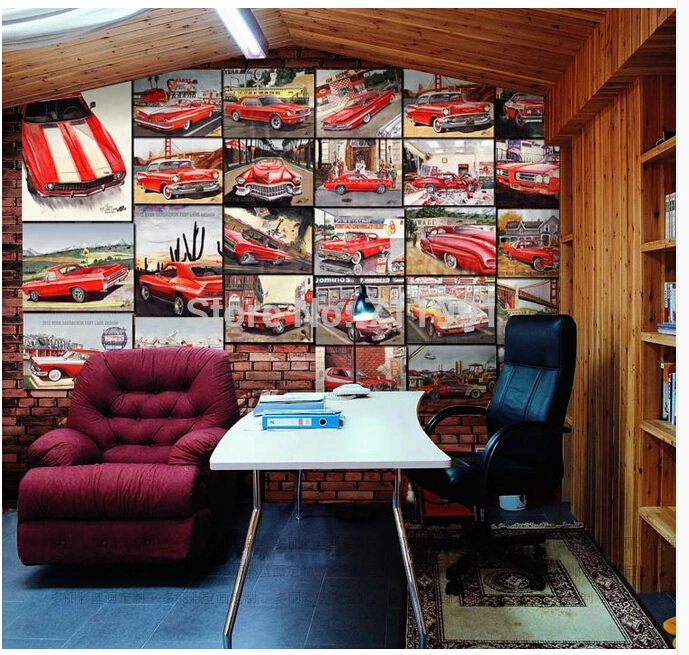 

Free shipping custom 3D mural art and retro nostalgia bar KTV character Hotel wallpaper murals red car car