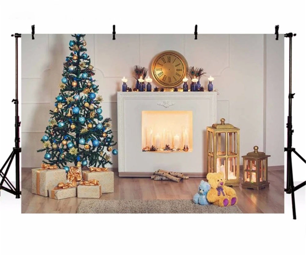 Indoor Xmas Party Background Vinyl Printed Blue Gold Balls Decorated Christmas Tree Presents Toys Bear Baby Kids Photo Backdrops