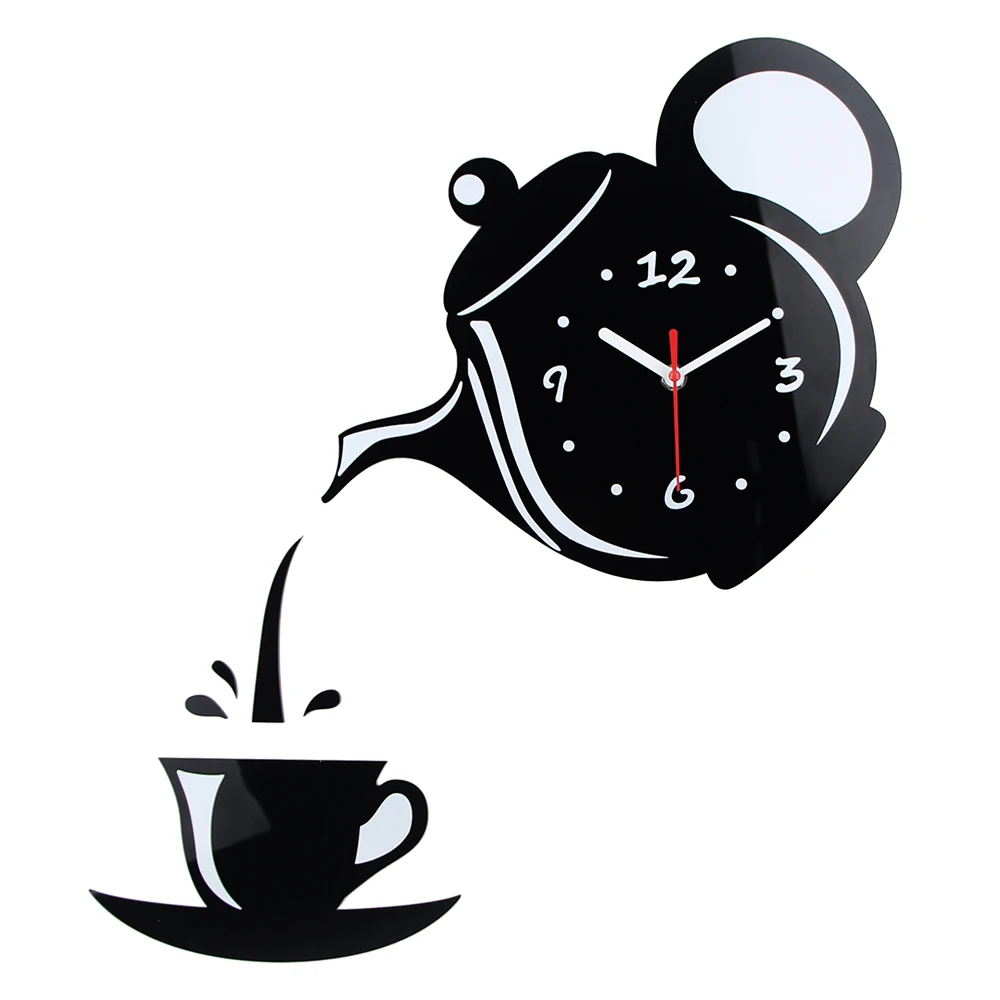 Creative 3D DIY Wall Clock Acrylic Mirror Coffee Cup Shape Teapot Kitchen Wall Clocks Living Room Dining Room Home Decor Clock