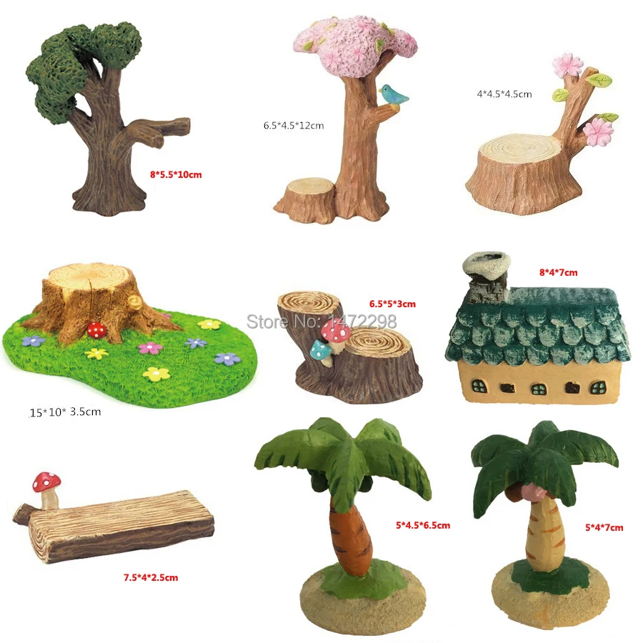 9 pcs/style Miniature Various Tree/Stump Dollhouse Ornament Flower Pot Plant Bonsai DIY Home Decor