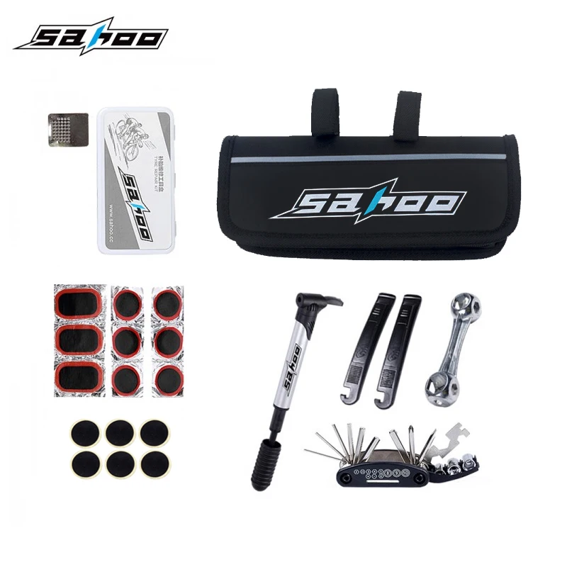 

SAHOO Bike Tools Kit Frame Tube Bag Mini Pump + 16 in 1 Multifunction Tool Inflator Tyre Tire Repair Cycling Bicycle Tools box