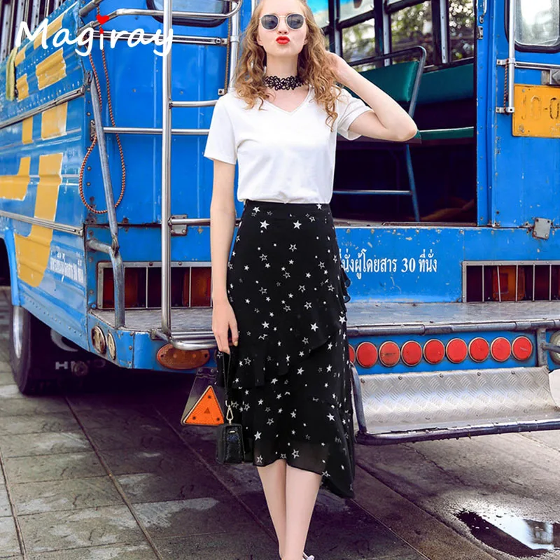 Magiray Stars Print Chiffon Long Skirts Womens Elastic High Waist Ruffle Midi Skirt Summer 2018 A Line Floral Black C478