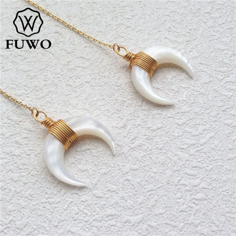 FUWO Natural White Mother of Pearl Crescent Threader Earring With Gold Brass Plated Fashion Double Horn Jewelry Wholesale ER516