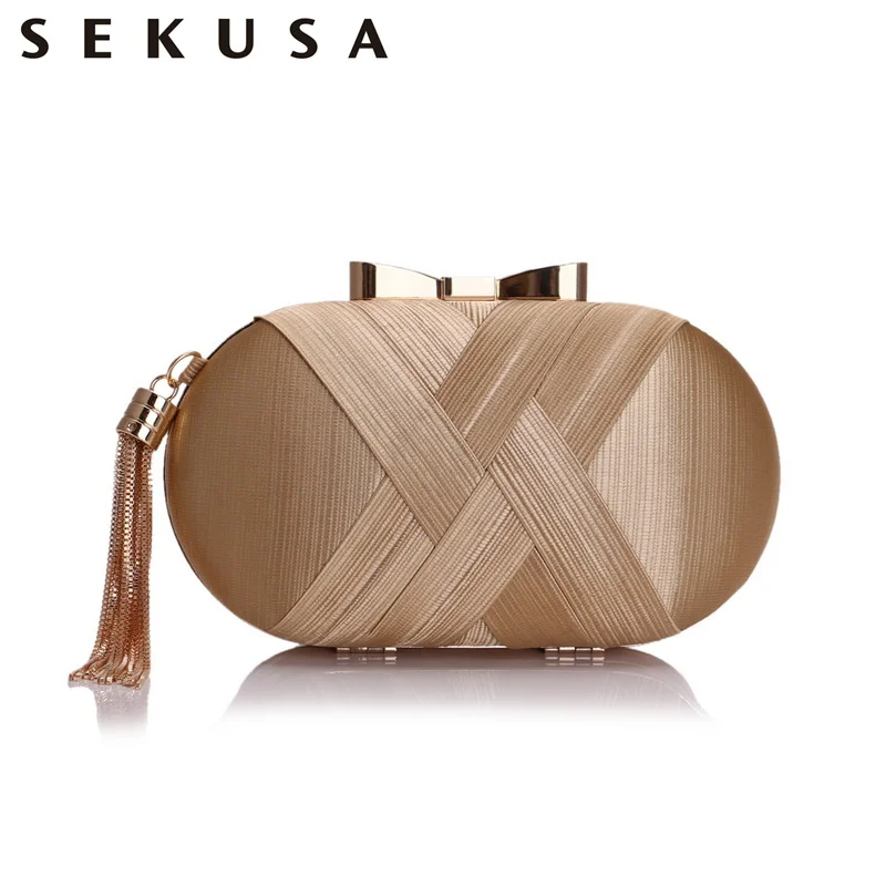 

SEKUSA Bow Metal Women Day Clutches Tassel Luxurious Fashion Lady Evening Bags Small Party Wedding Bridal Chain Shoulder Handbag