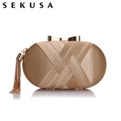 SEKUSA Bow Metal Women Day Clutches Tassel Luxurious Fashion Lady Evening Bags Small Party Wedding Bridal Chain Shoulder Handbag