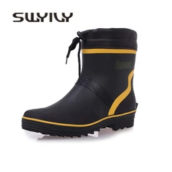 SWYIVY Rainboots Shoes Men Quality Anti-oil Work Boots 2018 Autumn Winter Warm Sock Rain Boots Male Fish Waterproof Rainboots 46