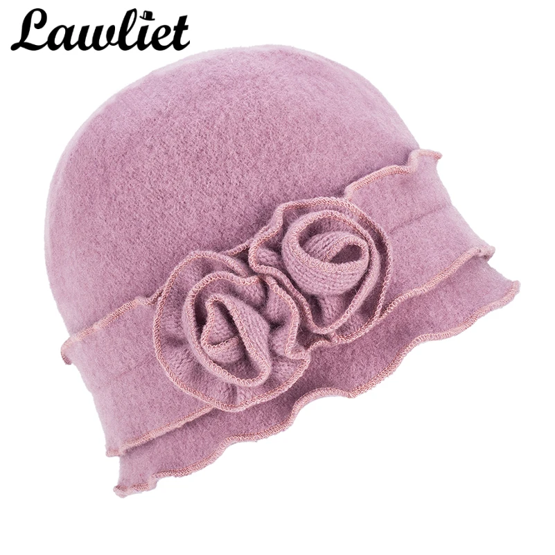 Lawliet Winter Cap Women Beret 1920s GATSBY Style Solid Two Flowers Beanie Wool Hats for Women Ladies Bucket Crochet Hat A285