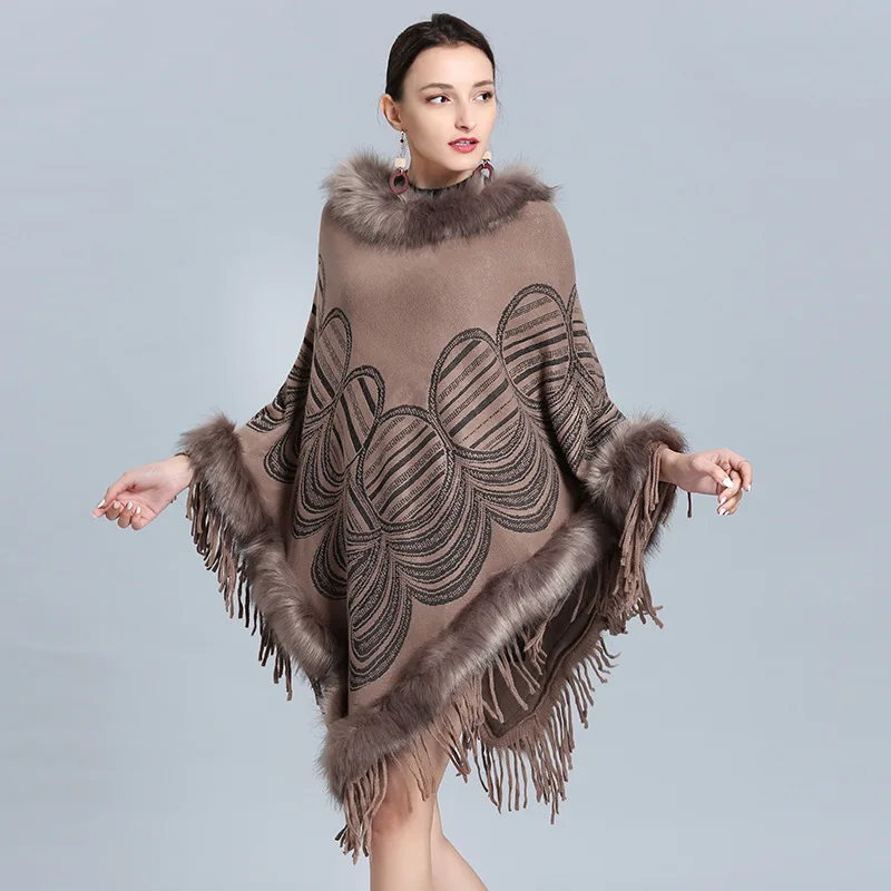 Winter Knitted Poncho Cape Fur Loose Pullover Women Long Triangle Faux Cashmere Oversize Round Pattern Tassel Outstreet Coat