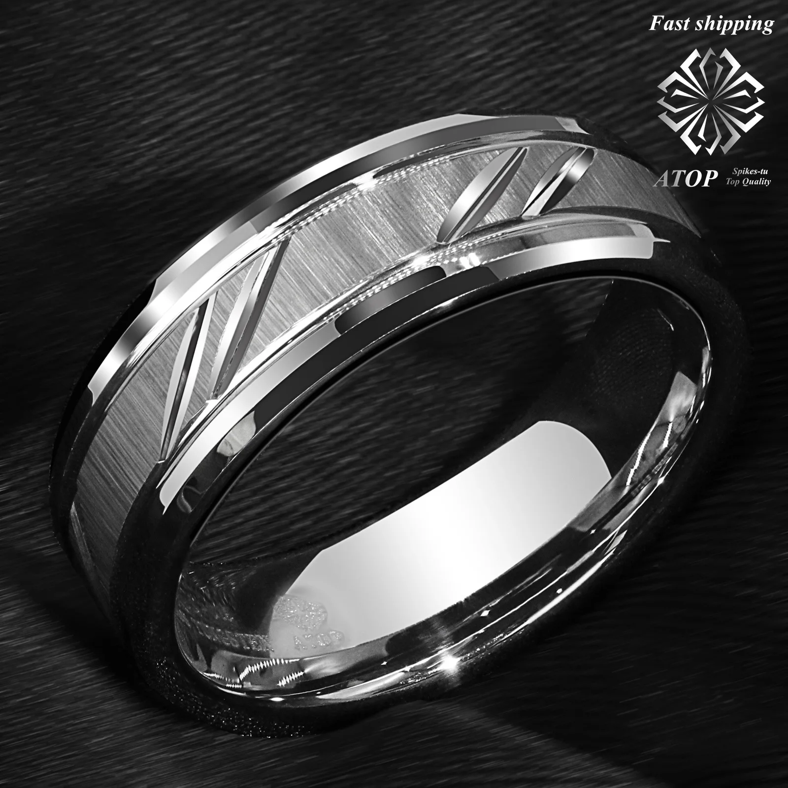 8mm Tungsten Carbide Ring Silver leaf New Brushed Style Bridal ATOP Jewelry