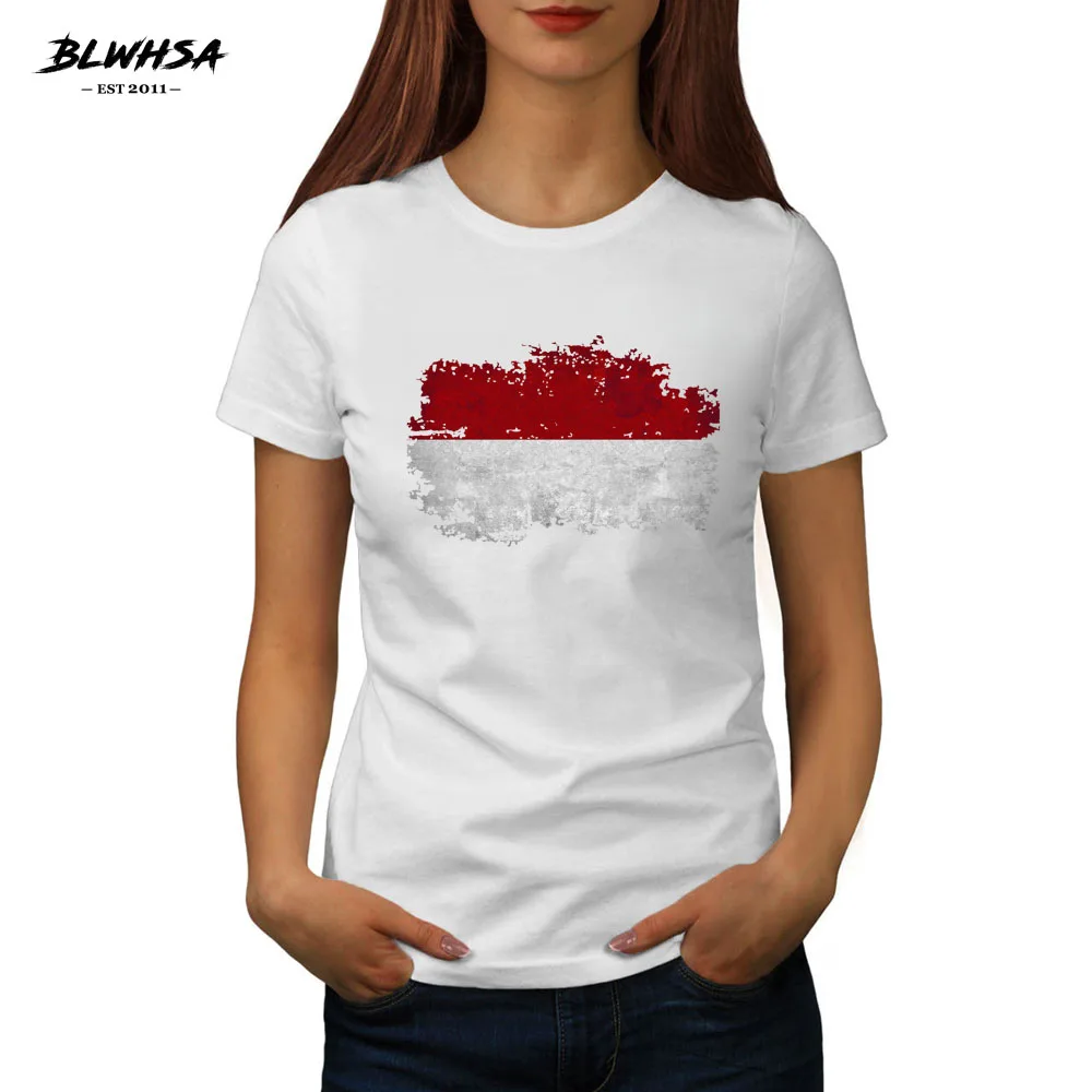 BLWHSA Summer Clothing Women White T-Shirts Indonesia Nostalgic Flag Pattern Printed Short Sleeve Casual T-Shirts Ladies Tops