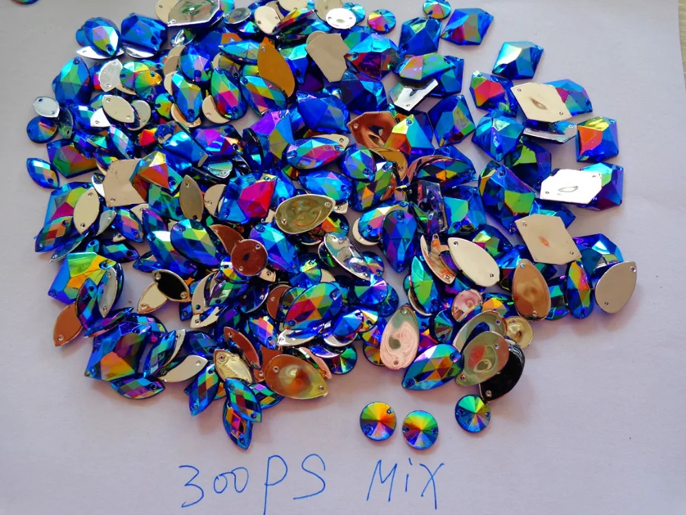 Big promotion 300pcs  mixed shape size  sew on rhinestones deep blue  AB colour Acrylic Crystal  loose Beads hand sewing strass