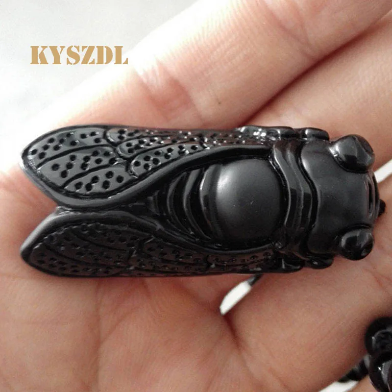 KYSZDL Natural Black Obsidian Carved Wonderful Pretty Cicada Animal Pendant Lucky Necklace Amulet Pendants fashion Jewelry