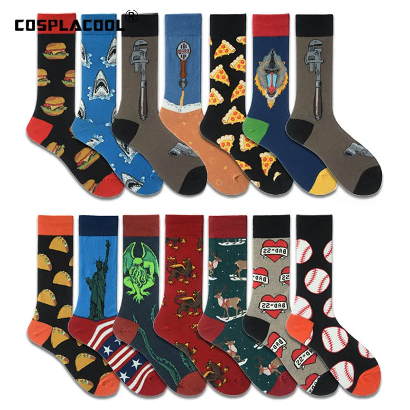 Men Socks Happy Delicious Food Print Colorful Socks Hamburger Pizza Funny Socks Harajuku Skateboard Cotton Dress Wedding Sokken