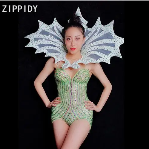 Fashion  Flashing Rhinestones See Through Mesh Sexy Bodysuit Birthday Celebrate Nightclub Dance Wear Female Singer Outfit