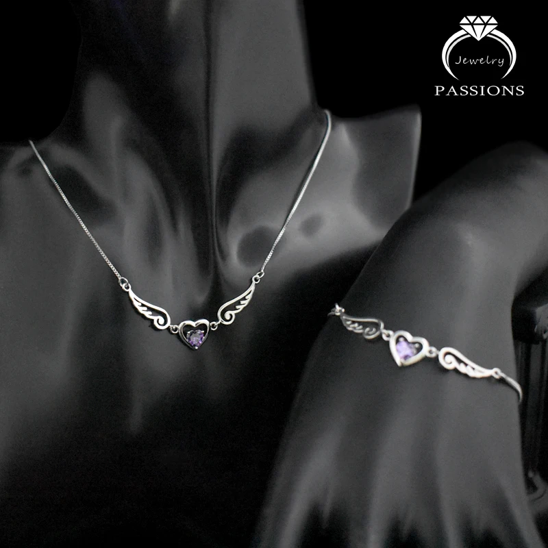 Moda 925 Sterling srebrne dla zakochanych serce wisiorek anielskie skrzydło zestaw biżuterii A + Cubic naszyjnik z cyrkonią bransoletka dla kobiet zestawy biżuterii