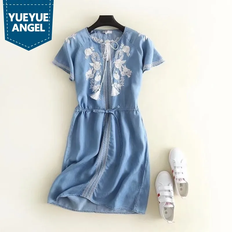 O-Neck Embroidery Drawstring Jeans Dress Summer New Short Sleeve Casual Denim Dress Girl Retro Blue Slim Fit Midi Dress