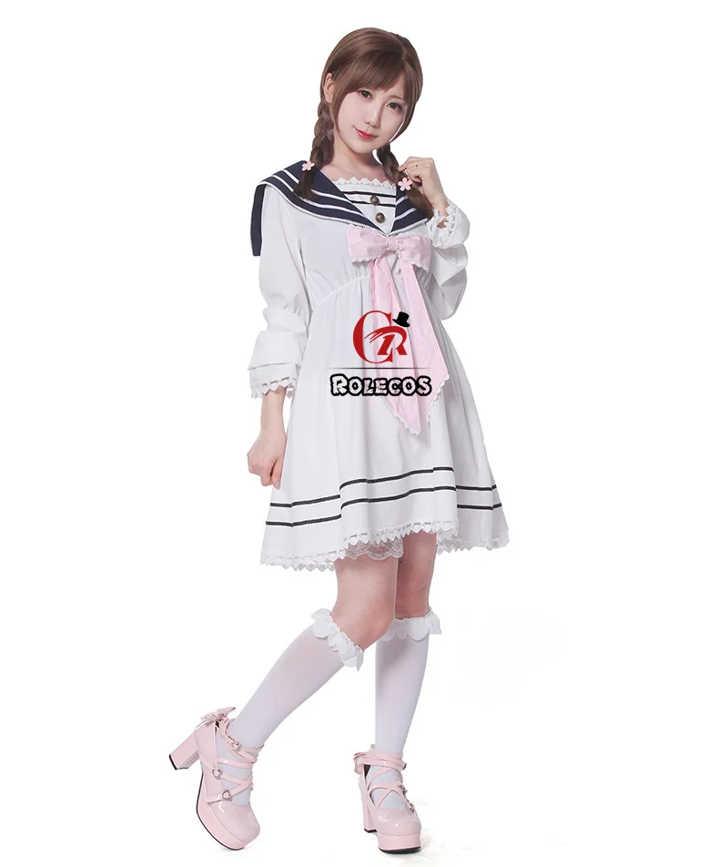 Preppy style Japanese Women Lolita Bowknot Chiffon Long Sleeve Dress JK Uniform Sailor Dresses Girls Party Princess Lace Dress