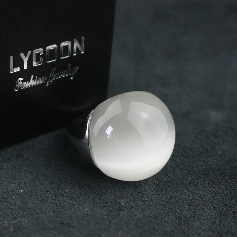 LYCOON Fashion high quality woman opals jewelry ring 316L stainless steel with white cat\'s eyes stone in ball shape big rings