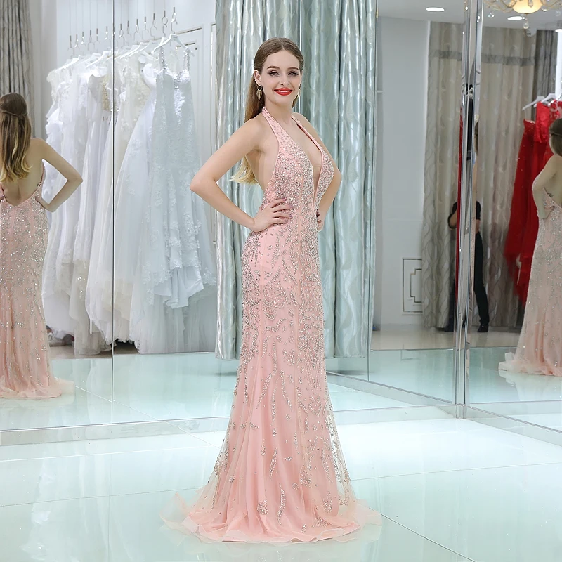 JaneVini dubaju luksusowe różowy pełna zroszony Sparkle długie suknie dla druhny Sexy głębokie V Neck Backless syrenka Tulle formalne suknie balowe