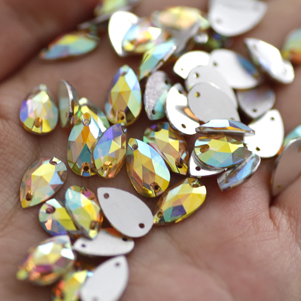 100pcs 7*12mm Gold AB Silver Base FlatBack Sew On Stone Droplet Resin Sewing On Rhinestone For Jewelry And Strass