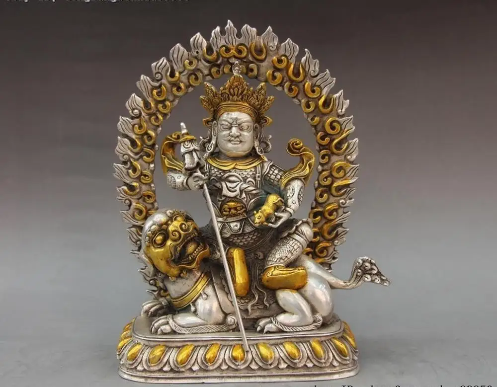 25CM Tibet Buddhism Silver Vaishravana On Lion Protector Deity Buddha Mouse Statue FL