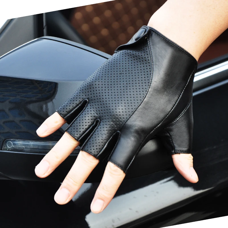 Genuine Leather Semi-Finger Men Gloves Half Finger Sheepskin Fashion Anti-Slip Breathable Driving Leather Gloves Unlined TB04