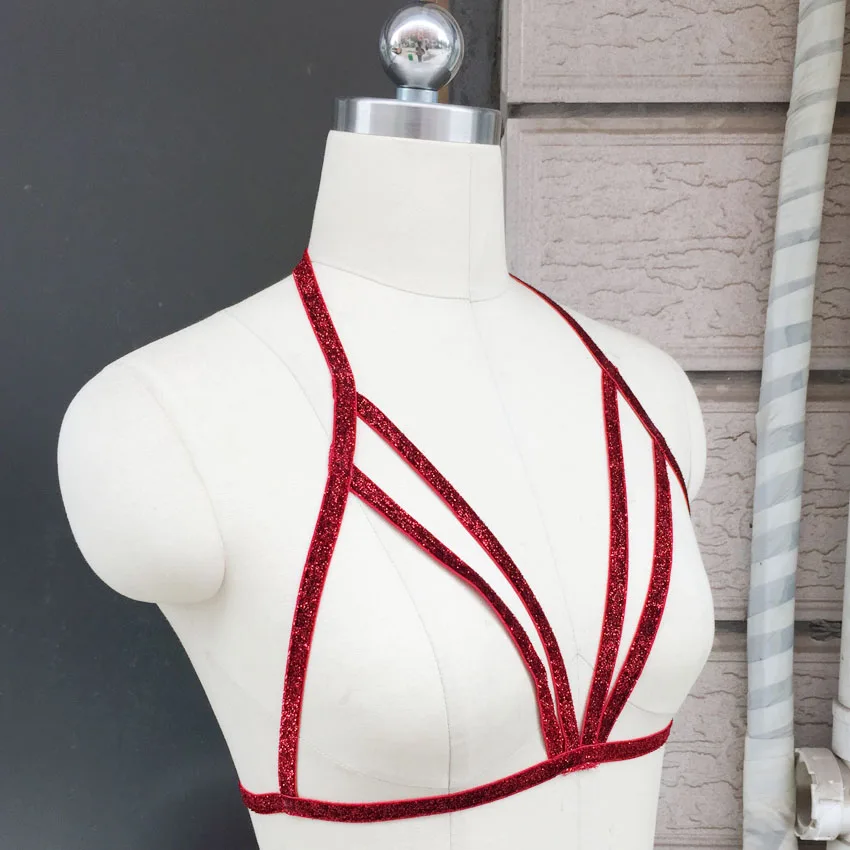 Exotic Apparel black women body Harness cage bra Red sparkling Gothic Harajuku sexy lingerie Handmade body harness cage bra