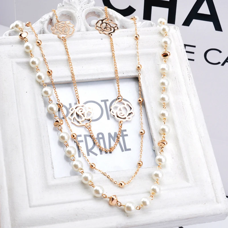 Full Simulated Pearls Beads & Hollow Metallic Rose Flower & Golden Beads 3 Chains Women Long Necklace