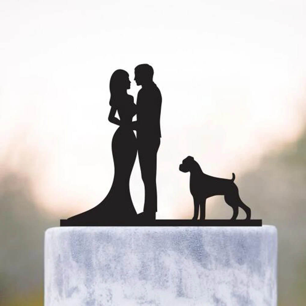 Mr and Mrs Wedding cake topper,Bride&Groom with dog Silhouette cake topper,Couple and boxer dog Wedding cake Decor Supplies