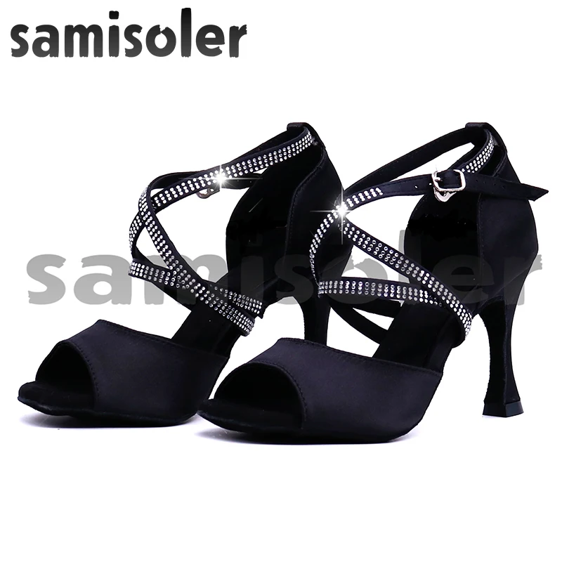 Samisoler Satin Style Ballroom Dance Shoes Women with Black Party ladieslatin dance shoes black Women Latin Dance Shoes