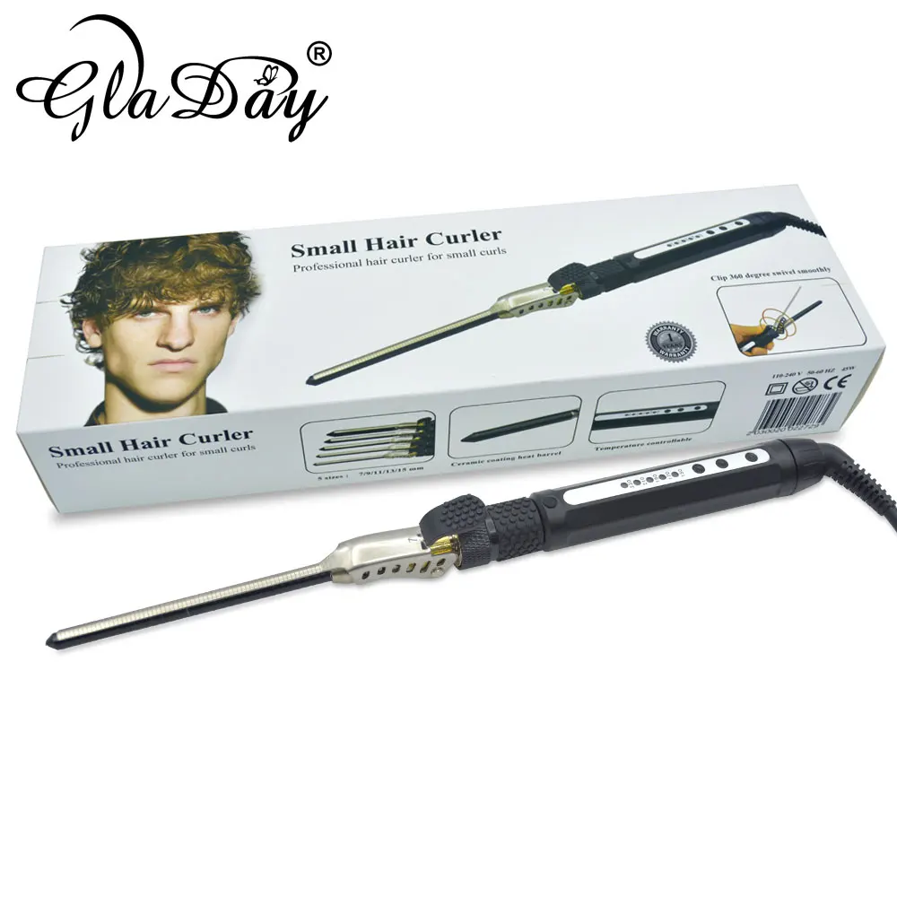 Men's Hair Curler Ceramic 7mm Hair Curling Wand Small Hair  Deep Curly Hair Curlers Rollers Curling Iron Rotating 360 Degree