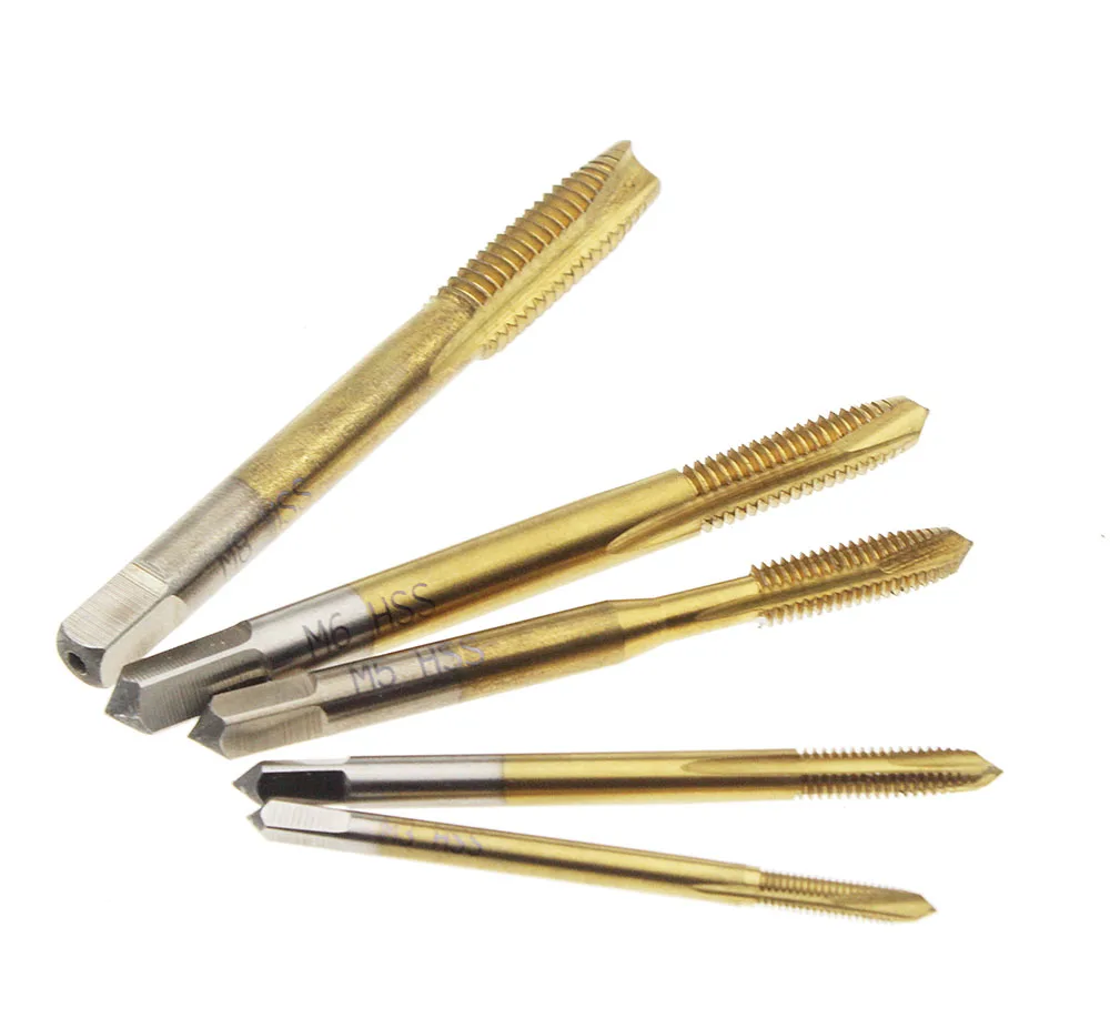 5Pcs Titanium Coated Metric Hss Spiral Gecanneleerd Machine Schroef Tap M3 M4 M5 M6 M8 Spiraal Wees Kranen Tikken draad Vormen