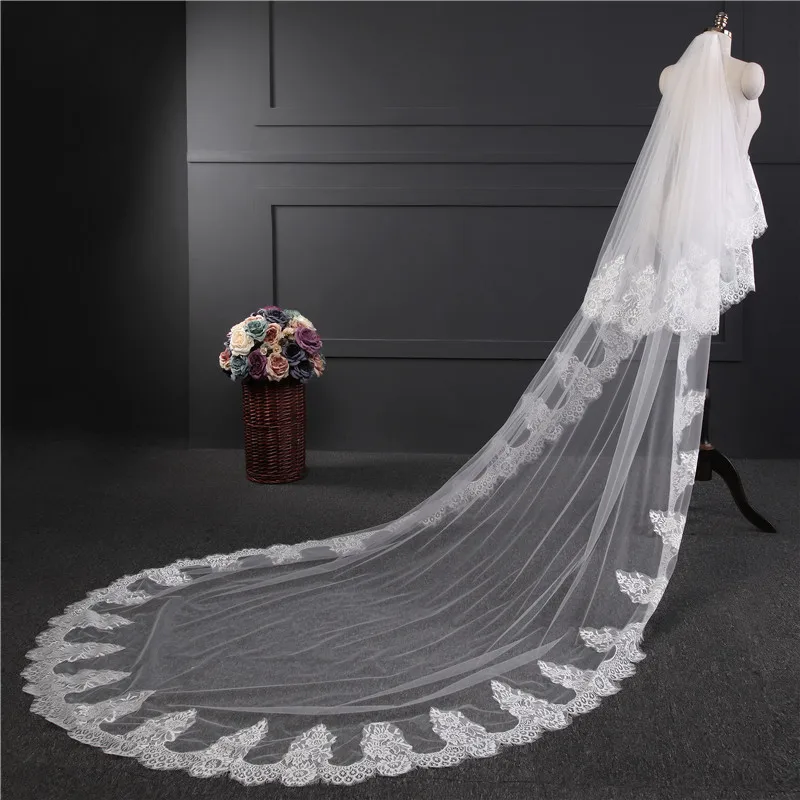 

Real Photos 3M White Ivory Two Tiered Lace Long Elegant Wedding Bridal Veil With Comb Lace Edge Bride Veils