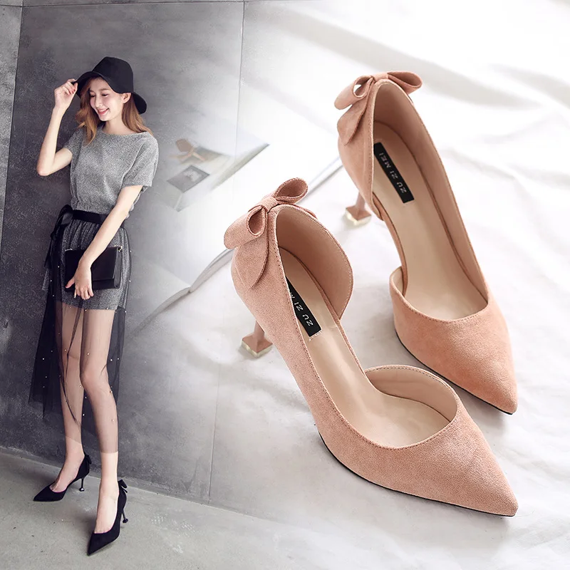 Woman basic High Heels Wedding Shoes Flock shallow Pointed Toe Classic Thin Heels 7CM Side space Bow Square Women Pumps