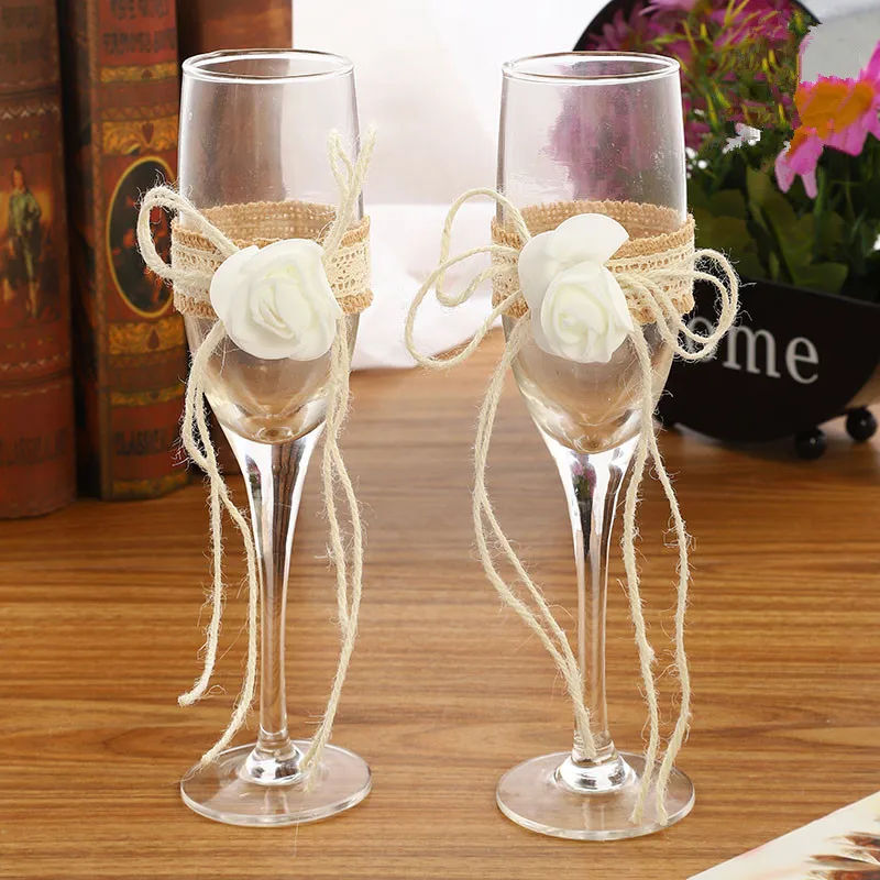 2Pcs/set jute flower Wedding Toasting Glasses Rustic Wedding Decor Champagne Glasses Gift Box For Wedding Decoration