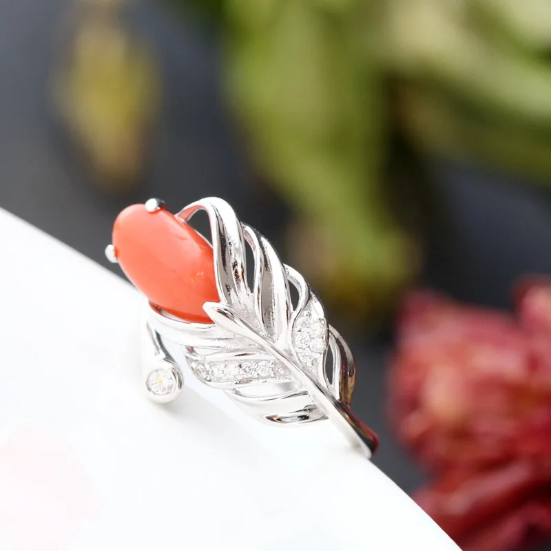 

Vintage Thai Silver Wholesale Handmade Natural Red Coral Female Ring S925 Sterling Silver Ring Open Ended Fashion Silver Ring