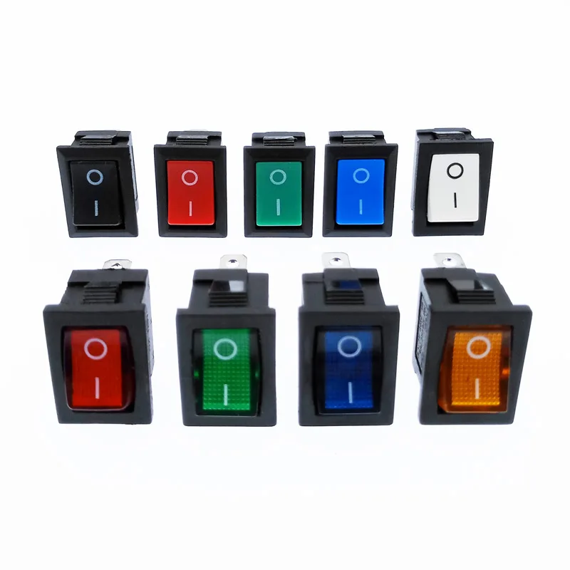 KCD1 Rocker Switch Power Switch 2 Position 2Pins 3Pins 4Pins With Light 10A 250V Red Blue Green Yellow Black White