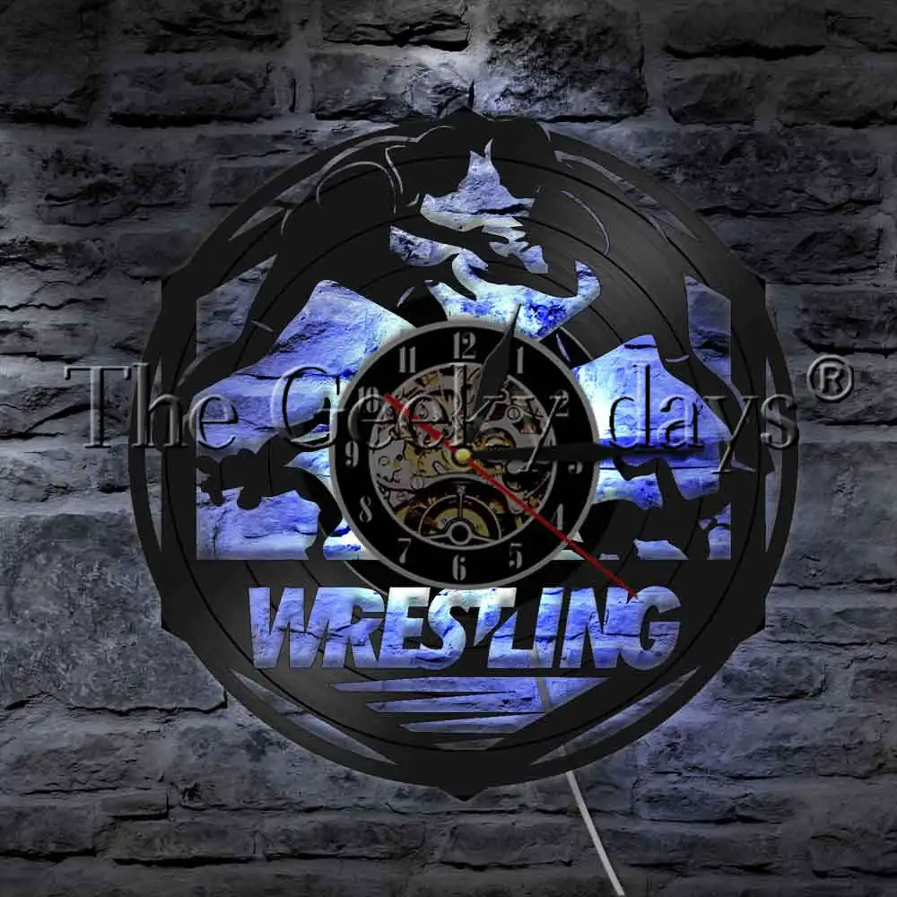 

Wrestling Ring Men Wrestling Pose Vinyl Record Wall Clock With LED illumination Freestyle Combat Sport LED Night Lamp