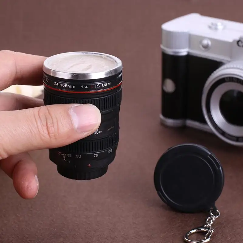 60ml Mini SLR Camera Lens Mug Plastic Coffee Mug With Keychain Portable Travel Wine Cup Stainless Steel Drinkware Creative Gift