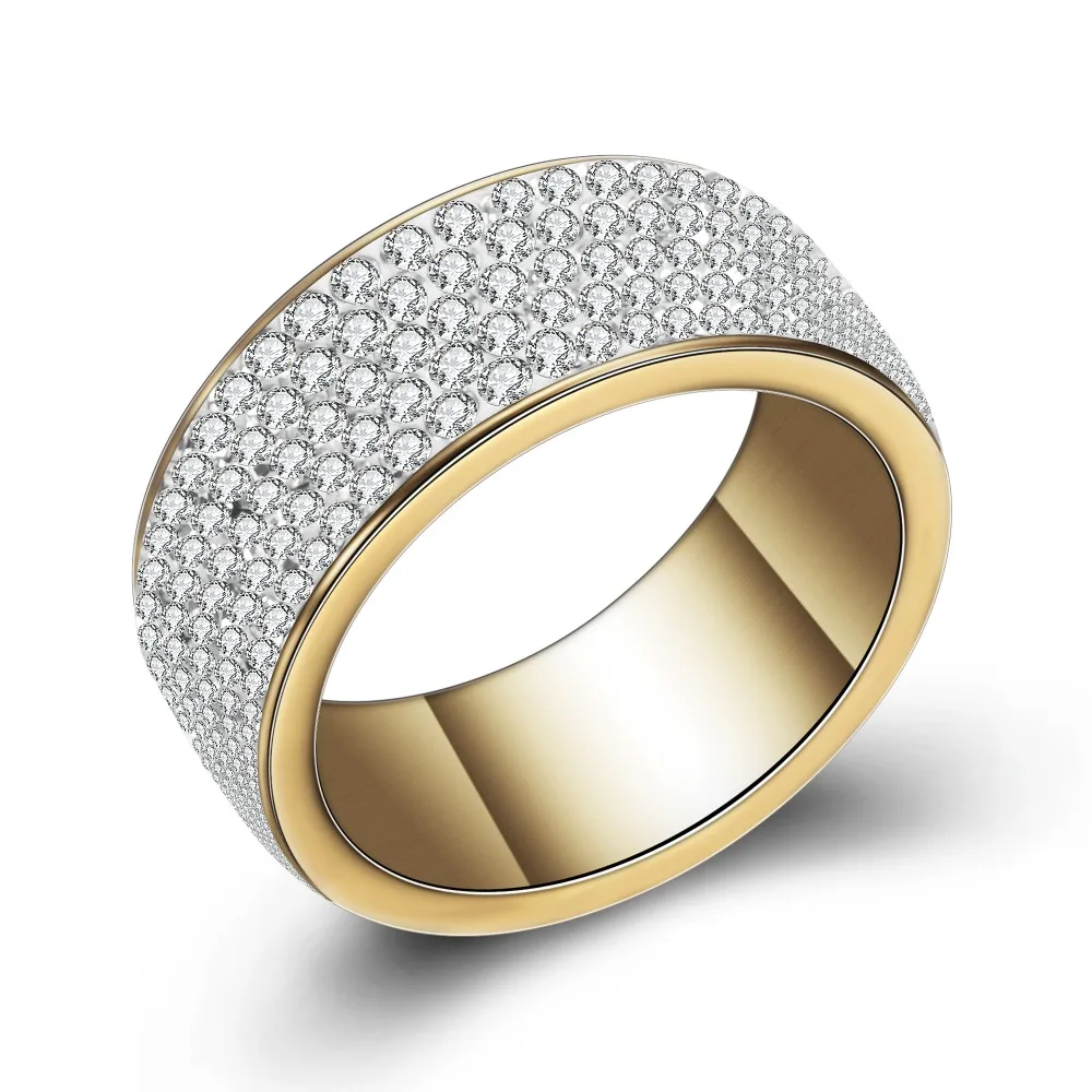 5 Row Crystal Jewelry Pave Gold-Color Stainless Steel Wedding Rings for women