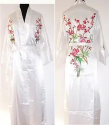 New White Chinese Women's Silk Robe Gown Novelty Embroidered Sleepwear Kimono Yukata Gown Flower S M L XL XXL XXXL W3S001