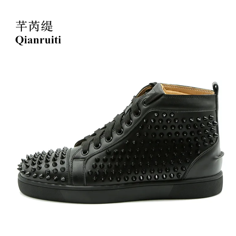 Qianruiti Rivets shoes Lace-up High-top Sneakers Men Fashion Round Toe Leather Red Blue Black Spike Leisure Casual Shoes