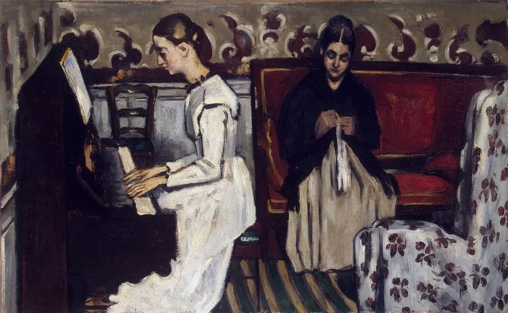 Hand Painted Oil Painting Girl at the Piano Overture to Tannhauser by Paul Cezanne Romantic Genre Figure Canvas Wall Art Decor