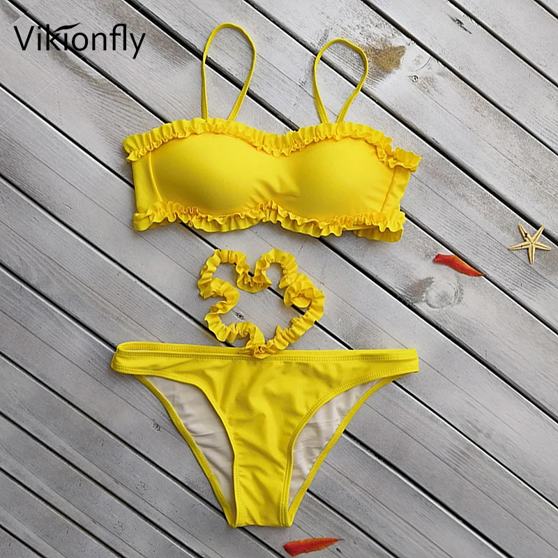 

Vikionfly Push Up Ruffle Swimsuit Bikini 2021 HOT Sexy Brazilian Bandeau Swimwear Bathing Suit For Ladies Bandage Bikini Set