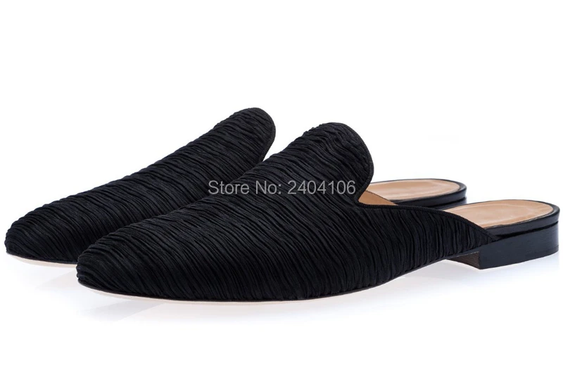 Drop Shipping Plain Pleated Silk Black Slippers Outsite Spring Summer Mens Half Shoes Round Toe Slip On Flat Leisure Slides Men