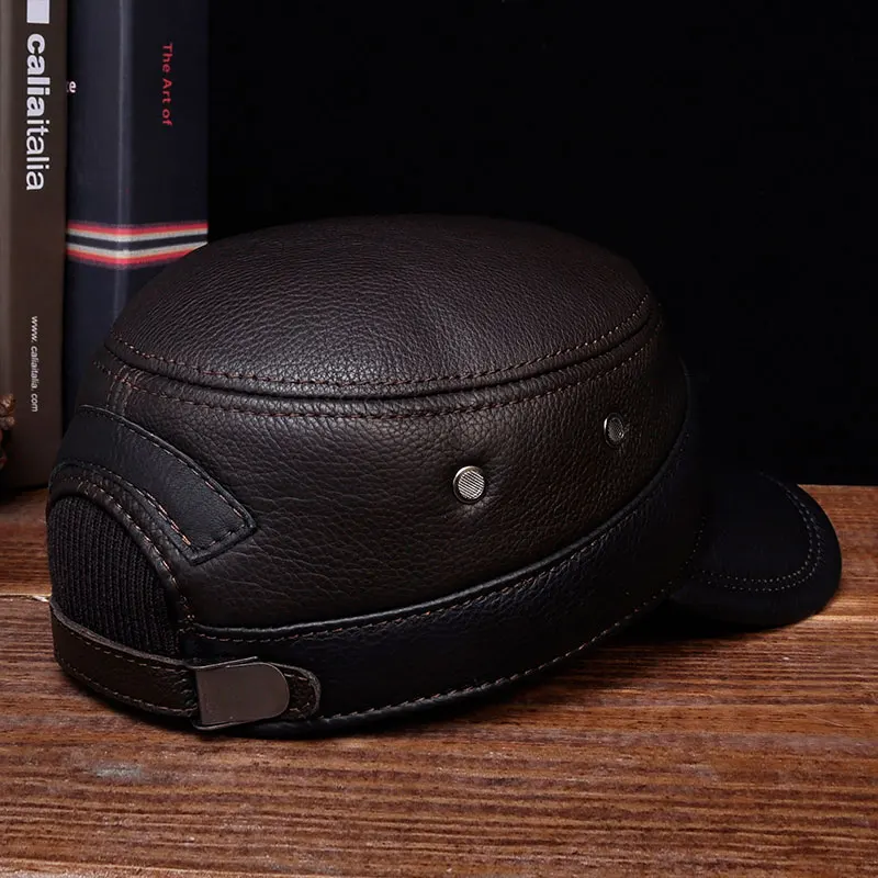 HL088 Men\'s Genuine Leather Baseball Caps New Brand New Winter Warm Russian Real Leather Caps