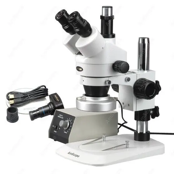 Тринокулярный стереомикроскоп AmScope Zoom 7X-45X + сверхмощный 80-светодиодный кольцевой светильник + 1,3-мегапиксельная камера USB 2.0 на подставке